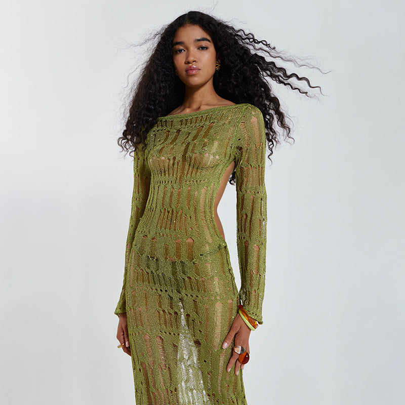 Black Open Knit Hollow Out Long Sleeve Maxi Dress | Sheer Crochet Bodycon Off Shoulder | Sexy See Through Beach Cover Up Evening Dress Women