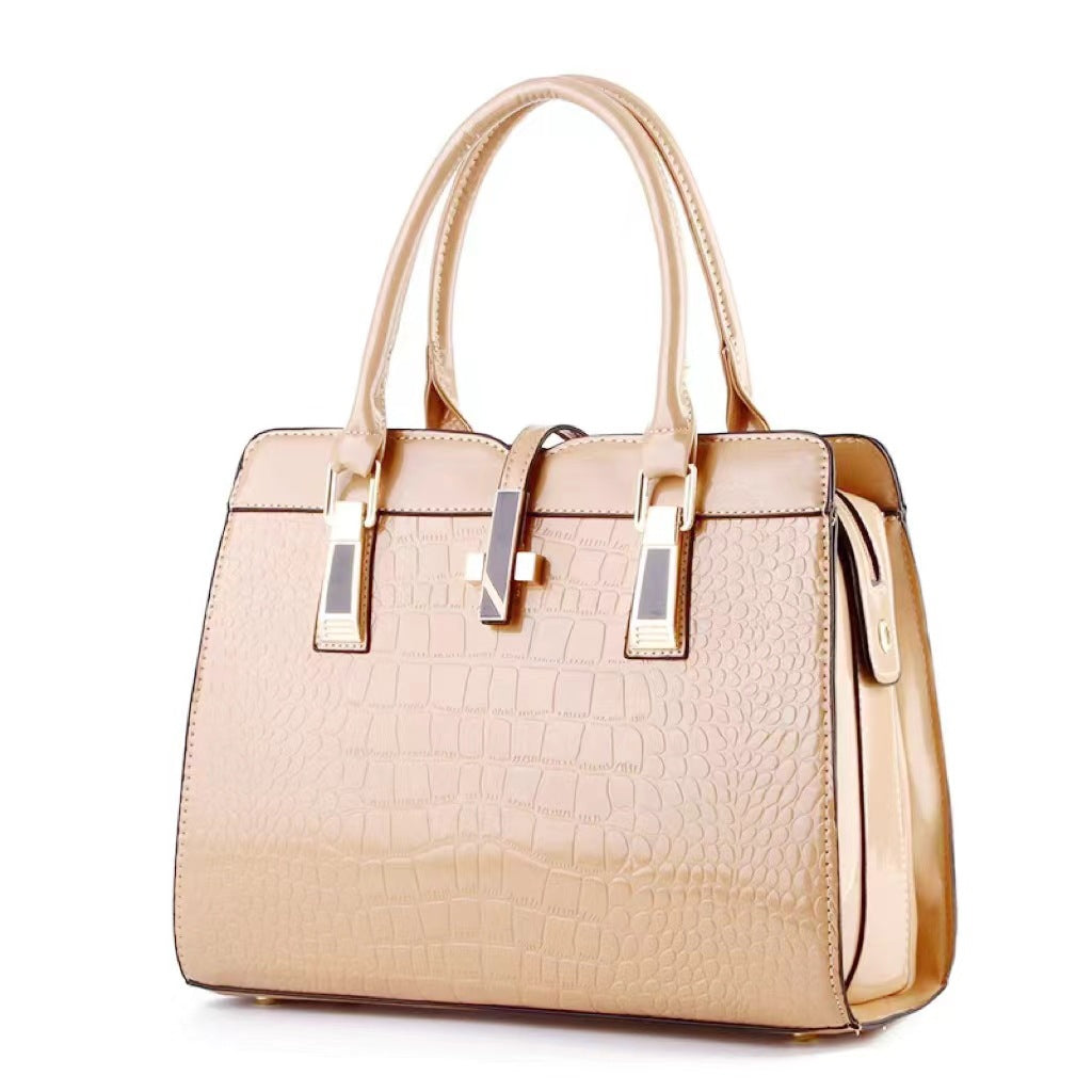Black Patent Crocodile Embossed Handbag with Gold Hardware | Glossy Structured Tote