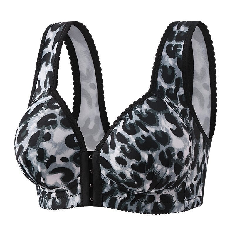 Women's Leopard Print Front Closure Wireless Bra | Lace Trim Wide Strap Full Coverage Bra | Animal Print Comfort Bra