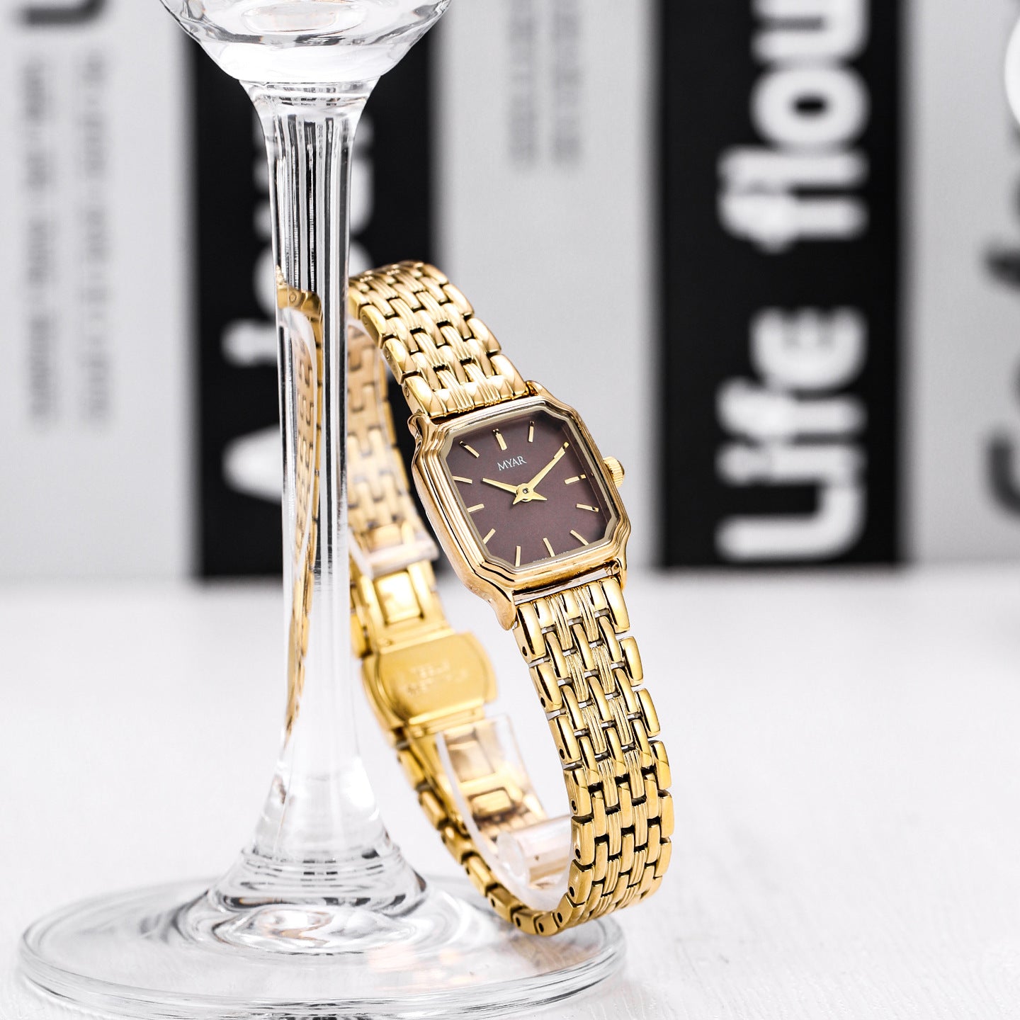 MYAR Swiss Made Women's Watch | Burgundy Red Dial | Gold Square Case | Luxury Panther Link Bracelet | Ladies Elegant Dress Watch | UAE