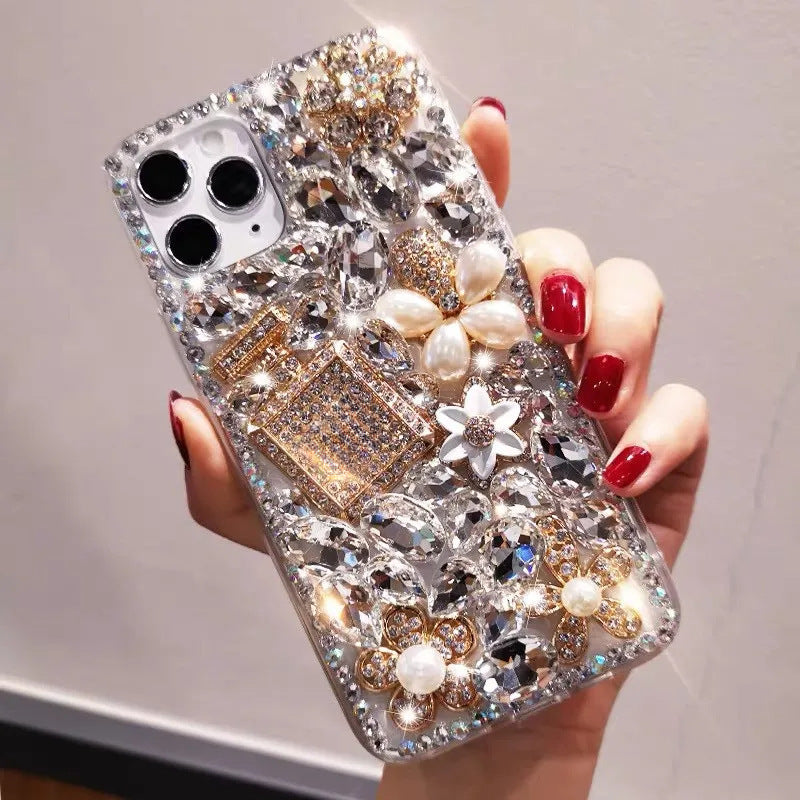 Luxury Bling Rhinestone Phone Case with Red Crystal Gems, Pearl Flowers & Perfume Bottle Design | Glitter Diamond Cover for iPhone