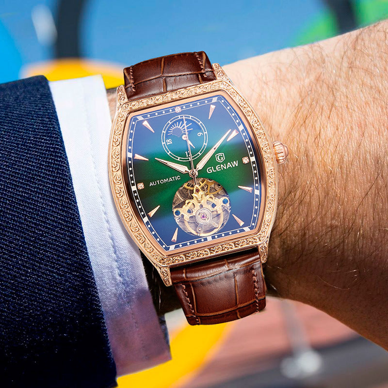 Glenaw Automatic Tourbillon Watch | Green Gradient Dial Rose Gold Diamond Bezel | Tonneau Case Leather Strap Men's Watch