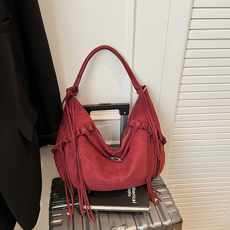 Brown Suede Fringe Hobo Bag - Bohemian Slouchy Shoulder Bag with Tassel Details | Western Style Hobo with Silver Hardware