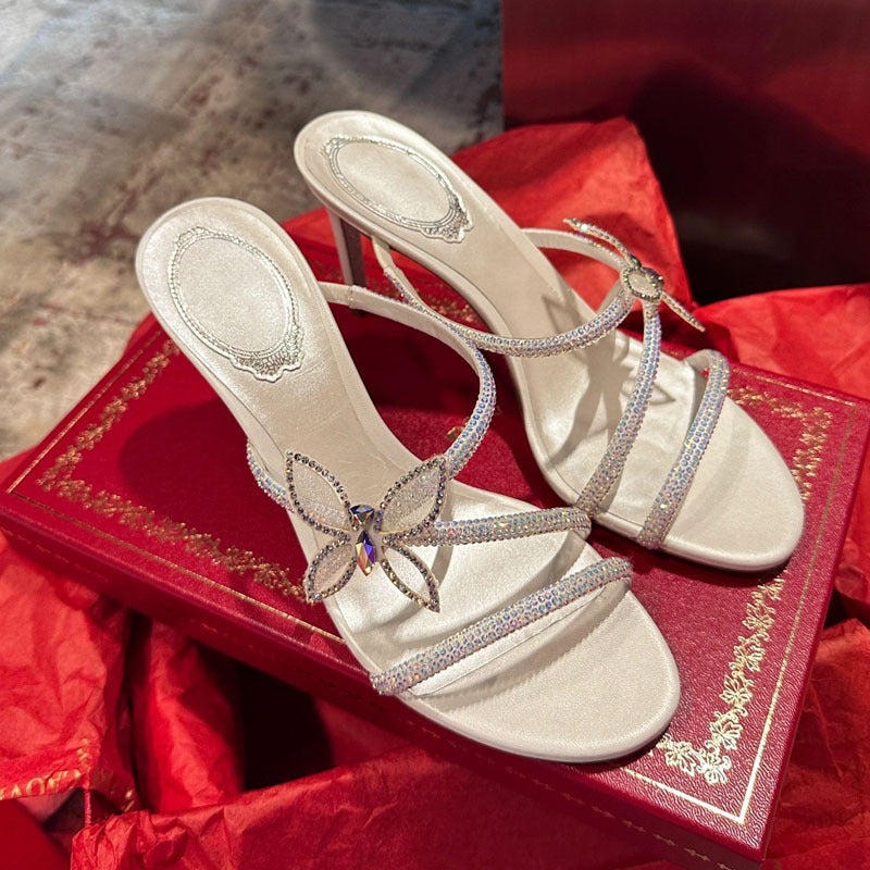 Champagne Nude AB Crystal Rhinestone Flower Strappy Stiletto Mule Sandals | Luxury Bridal Evening Heels for Women