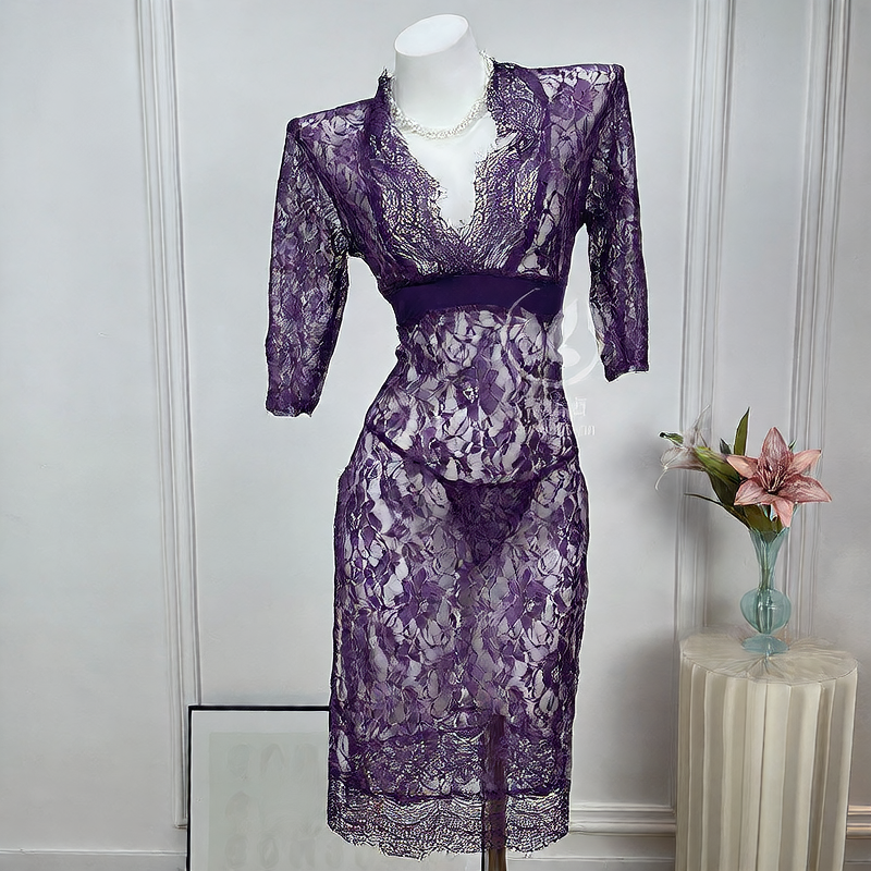 Women's Black Floral Vine Lace Maxi Dress Sexy Deep V Neck Long Sleeve High Slit See-Through Nightgown Lingerie Gown