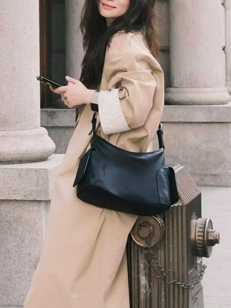 Dark Brown Leather Slouchy Shoulder Bag with Side Pockets | Soft Hobo Handbag