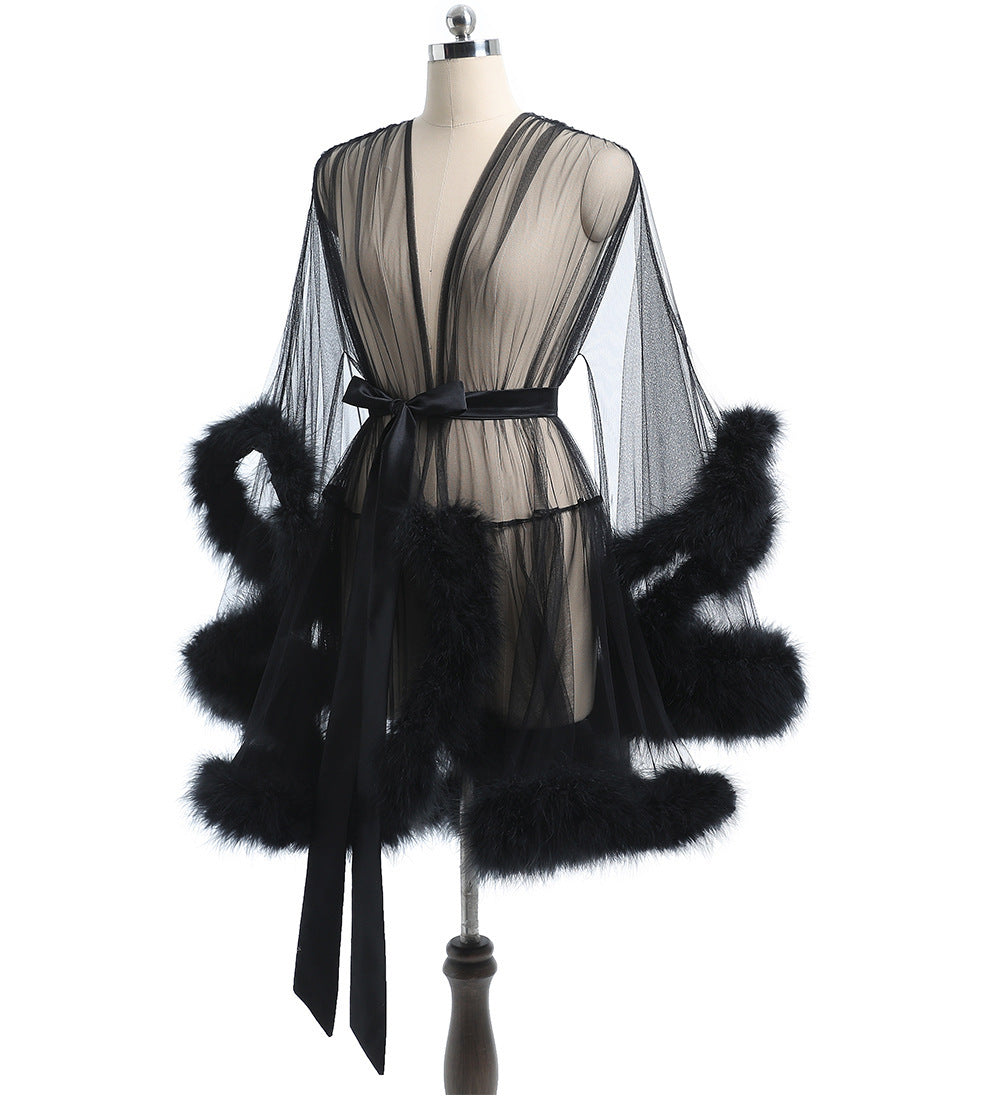 Feather Trim Sheer Mesh Lingerie Robe Set | 3-Piece Lace Bra Thong & Marabou Robe | Sexy Boudoir Intimates in Black Red White