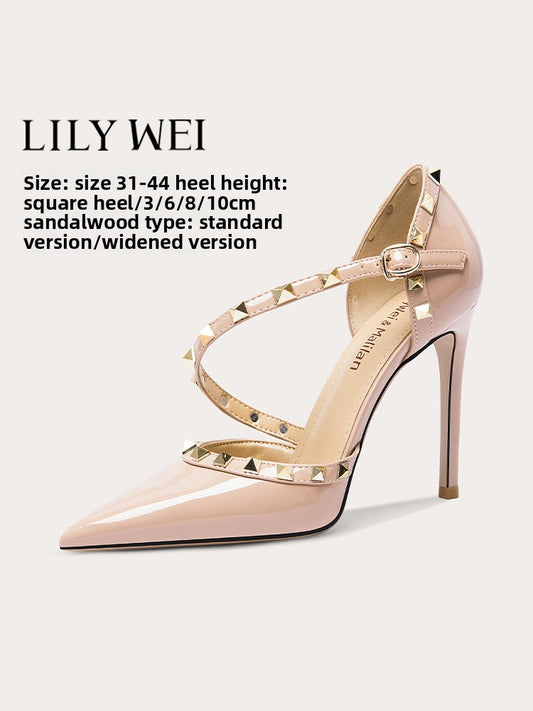 Nude Studded Stiletto Heels Women Patent Leather Gold Rivet Cross Strap Pointed Toe Party Wedding Pumps