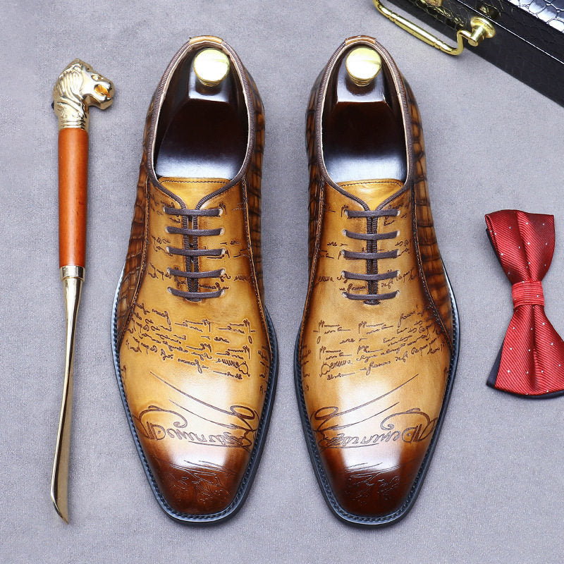 Men's Tan Hand-Painted Script Engraved Luxury Oxford Shoes