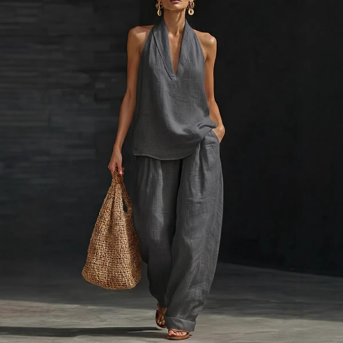 Women's 2 Piece Linen Halter Neck Top & Wide Leg Pants Set | Casual Boho Summer Co-Ord Outfit | Beach Vacation Loungewear | Burgundy
