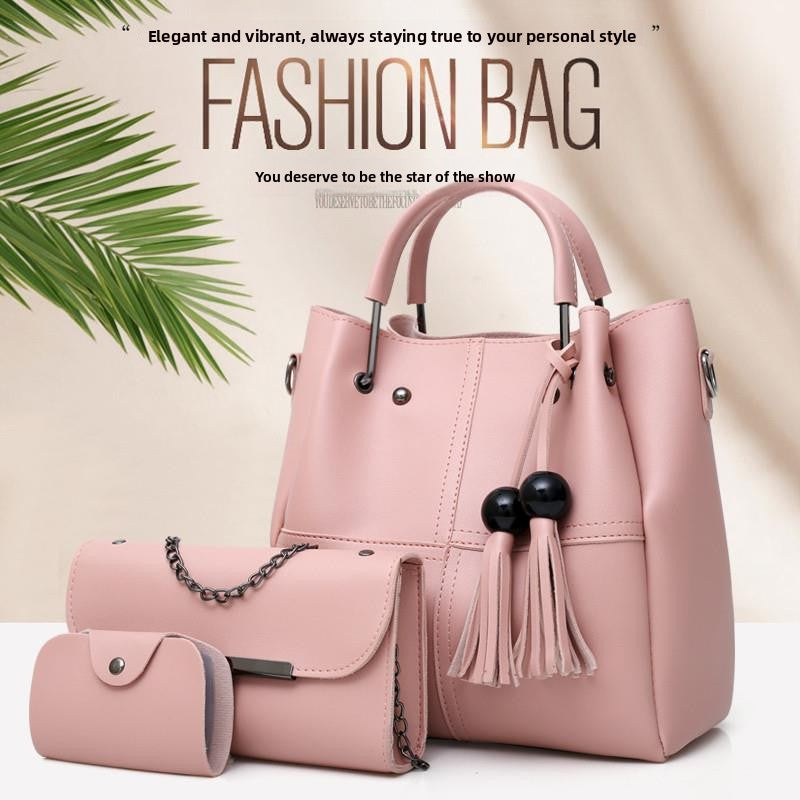 Black Leather Handbag Set 3-Piece with Tote, Chain Bag & Wallet | Women's Bag Collection