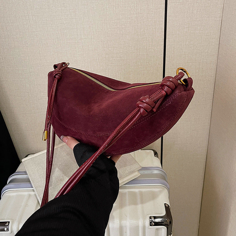 Suede Crescent Shoulder Bag with Knotted Strap & Gold Hardware | Women's Half Moon Hobo Bag in Brown | Trendy Minimalist Crossbody for Everyday & Going Out