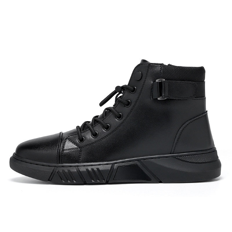 Mens Black High Top Leather Sneakers with Buckle Strap Lace Up Ankle Boots Casual Platform Street Style Shoes for Everyday Outdoor and Fashion