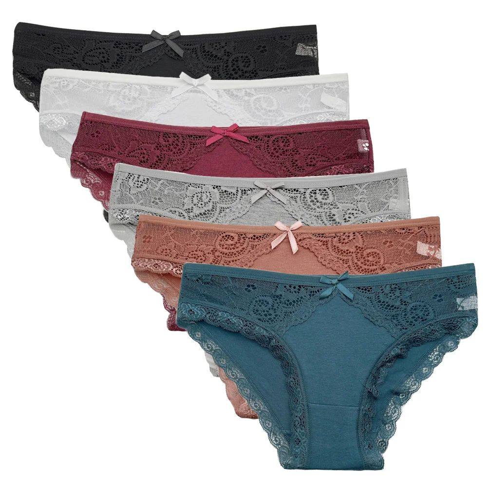 5 PCS Cotton Lace Bow Briefs for Women Soft Low Rise Hipster Panties Set Multicolor Everyday Underwear