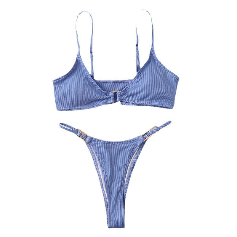 Brown Ribbed Bikini Set | Gold Metal Hardware Triangle Top & Thong Bottoms | Chocolate Minimalist Two Piece Swimsuit Women