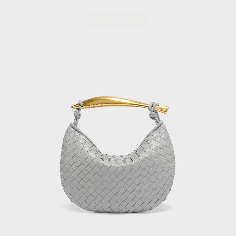 Burgundy Woven Leather Hobo Bag with Gold Handle | Intrecciato Crescent Shoulder Bag