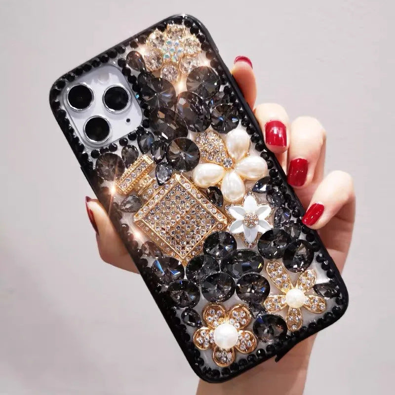 Luxury Bling Rhinestone Phone Case with Red Crystal Gems, Pearl Flowers & Perfume Bottle Design | Glitter Diamond Cover for iPhone