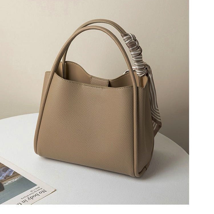 Black Leather Tote Bag Women | Scarf Handle Shoulder Handbag | Pebbled Crossbody Satchel Bag with Silk Ribbon Detail