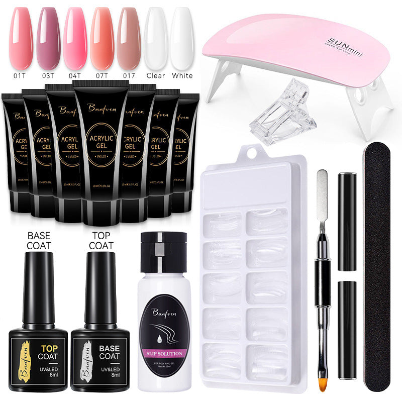 Baafven 11PCS Acrylic Gel Nail Extension Kit | Poly Gel Set with UV LED Nail Lamp, Top & Base Coat, Nail Forms & Tools