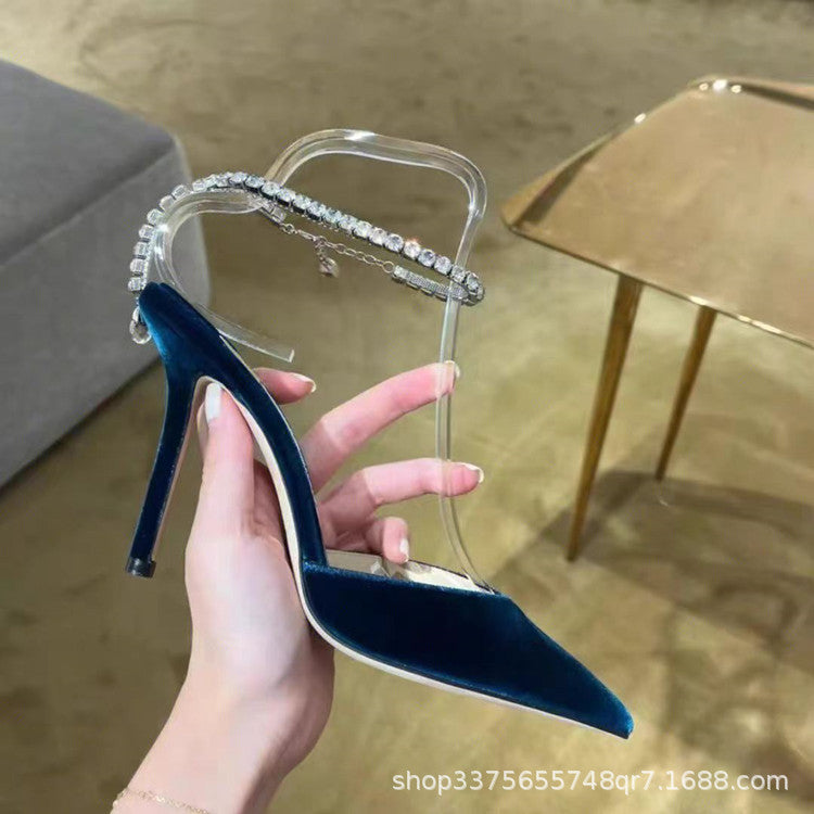 Strassbesetzte Stiletto-Pumps | Diamantketten-Knöchelriemen-Pumps mit spitzer Zehenpartie | Luxuriöse Glitzer-Hochzeitspumps für Damen 