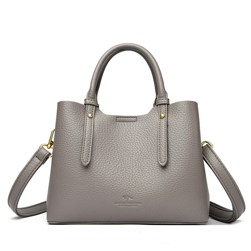 Taupe Pebbled Leather Satchel Bag - Structured Top Handle Tote with Crossbody Strap | Women's Professional Handbag with Gold Hardware