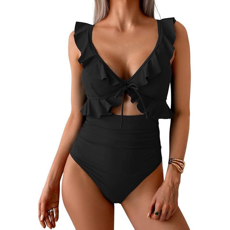 Teal Ruffle V-Neck Tie Front Cutout One Piece Swimsuit | High Waist Ruched Monokini | Women's Elegant Swimwear