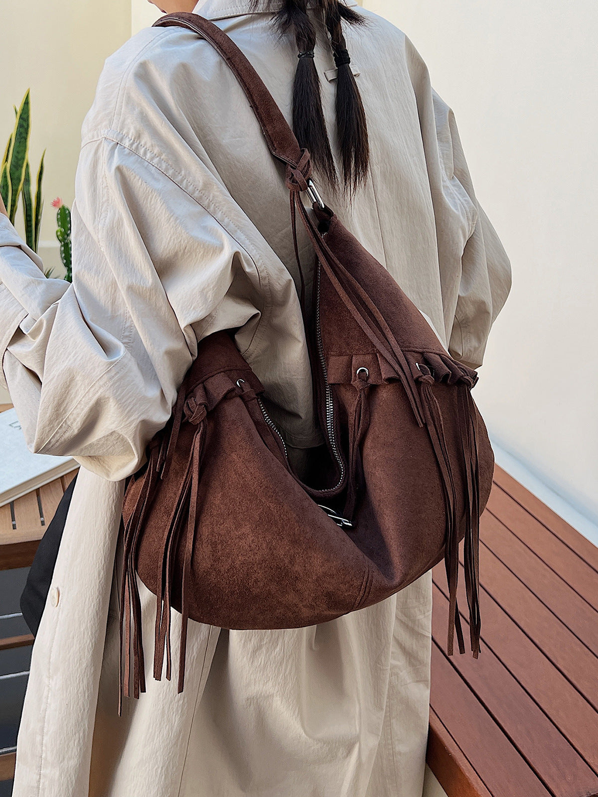 Brown Suede Fringe Hobo Bag - Bohemian Slouchy Shoulder Bag with Tassel Details | Western Style Hobo with Silver Hardware