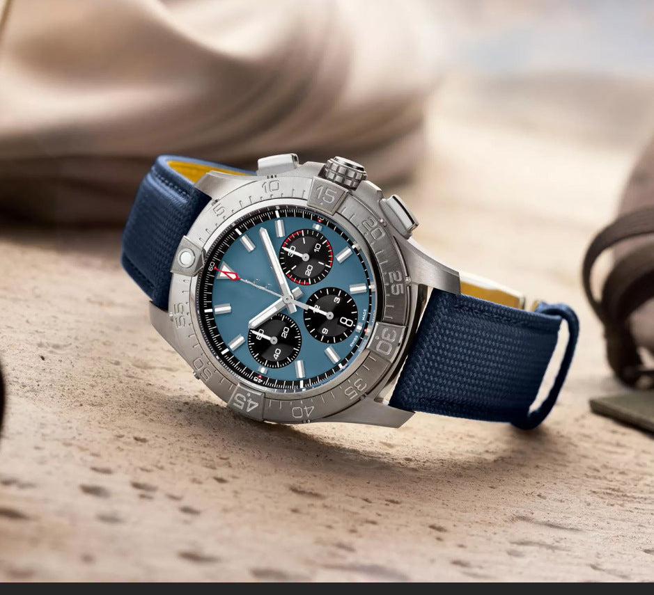 Breitling Chronograph Men's Watch | Salmon Dial Black Subdials Tachymeter Bezel Sand Leather Strap Swiss Made Sport Watch