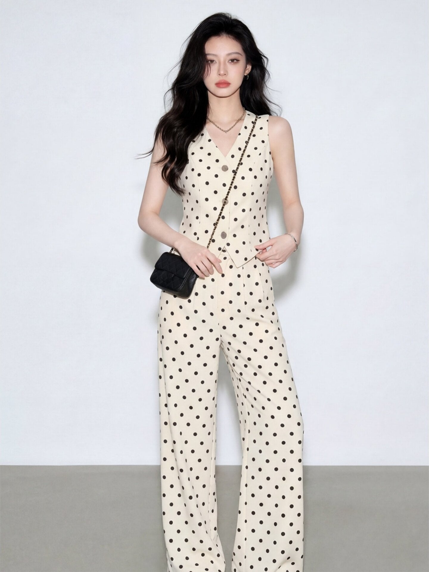 Women's Polka Dot Two-Piece Set | V-Neck Vest Top & Wide Leg Pants | Cream Black Dot Suit