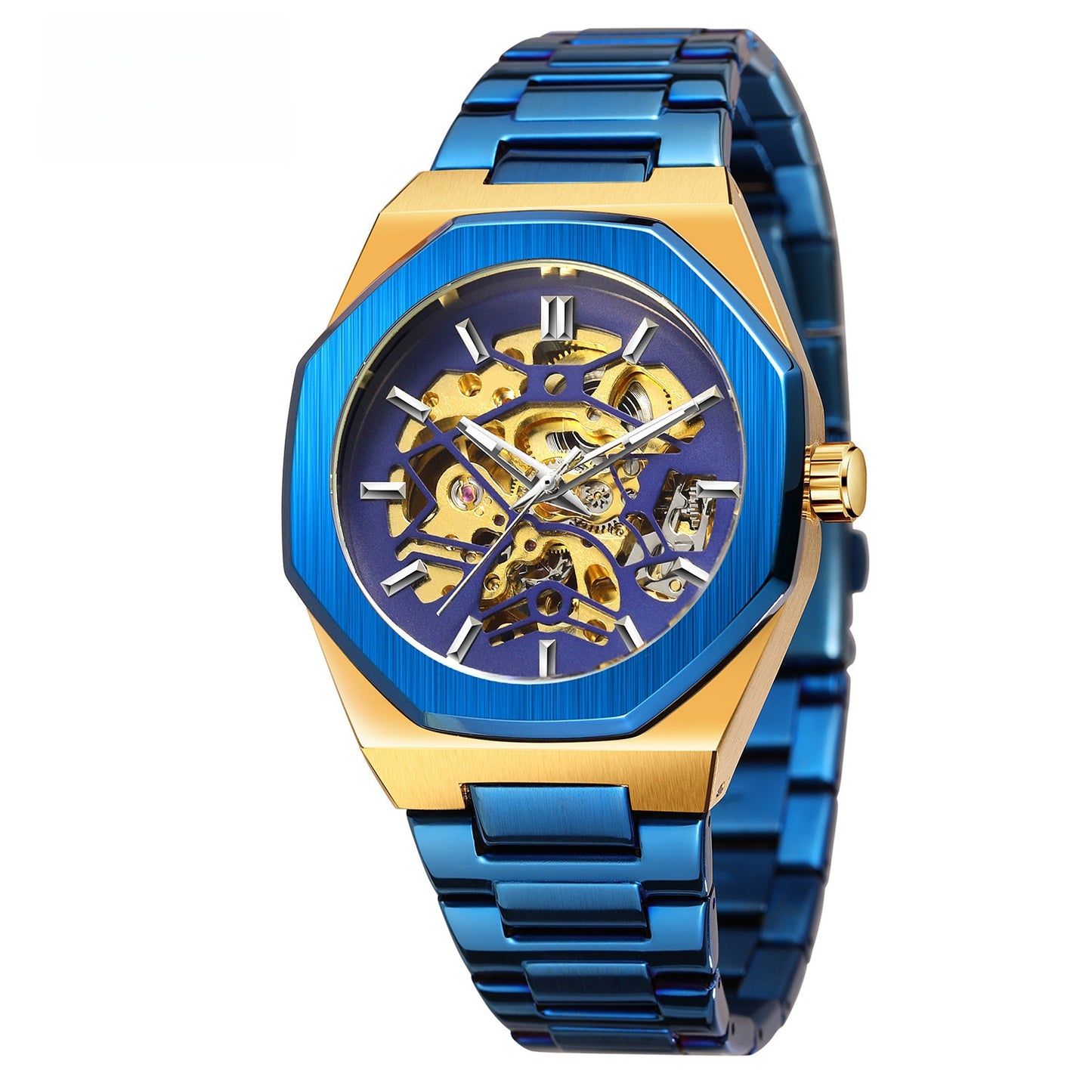 Men's Black Skeleton Automatic Watch | Gold Movement Octagonal Steel Bracelet Mechanical Watch