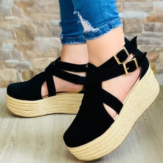 Tan Brown Suede Cross Strap Espadrille Platform Sandals for Women | Double Buckle Ankle Strap Wedge Flatform Sandals | Boho Rope Sole Summer Sandals | Casual Chic Platform Wedge Shoes