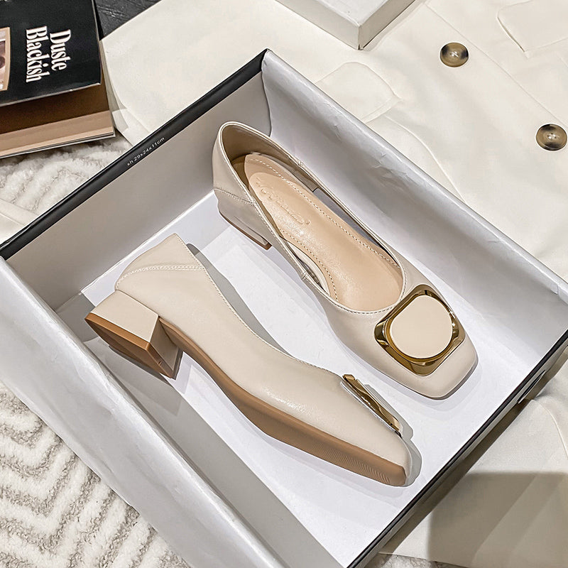 Cream Square Toe Gold Metal Buckle Pumps Women Slip On Mid Heel Elegant Office Party Dress Shoes