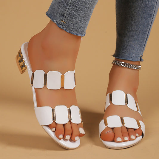 Black Patent Double Strap Slide Sandals with Gold Geometric Hardware | Women's Block Heel Mule Sandals
