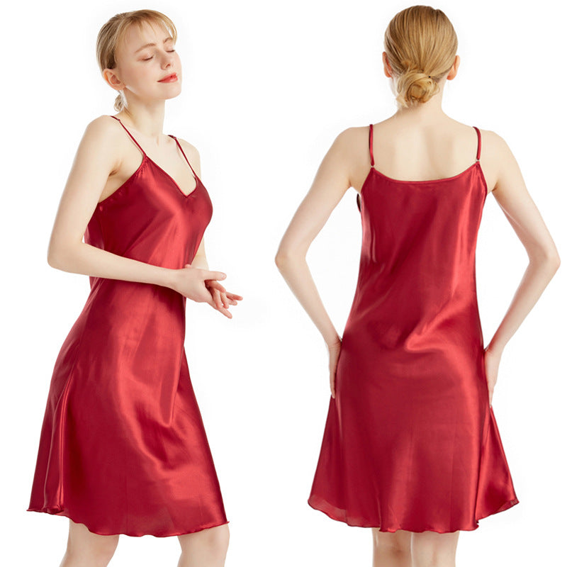 Women's Wine Red Satin V Neck Midi Slip Nightgown Elegant Sleeveless A-Line Sleep Dress Chemise Luxury Sleepwear