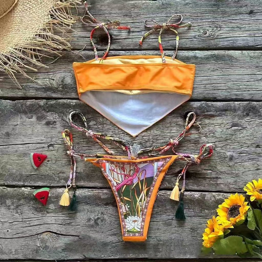 Costume intero con stampa botanica, monokini con scollo quadrato e laccetti laterali, costume da bagno femminile di lusso con pannelli floreali, costume da bagno boho da resort, costume da bagno arancione rosa tropicale per le vacanze