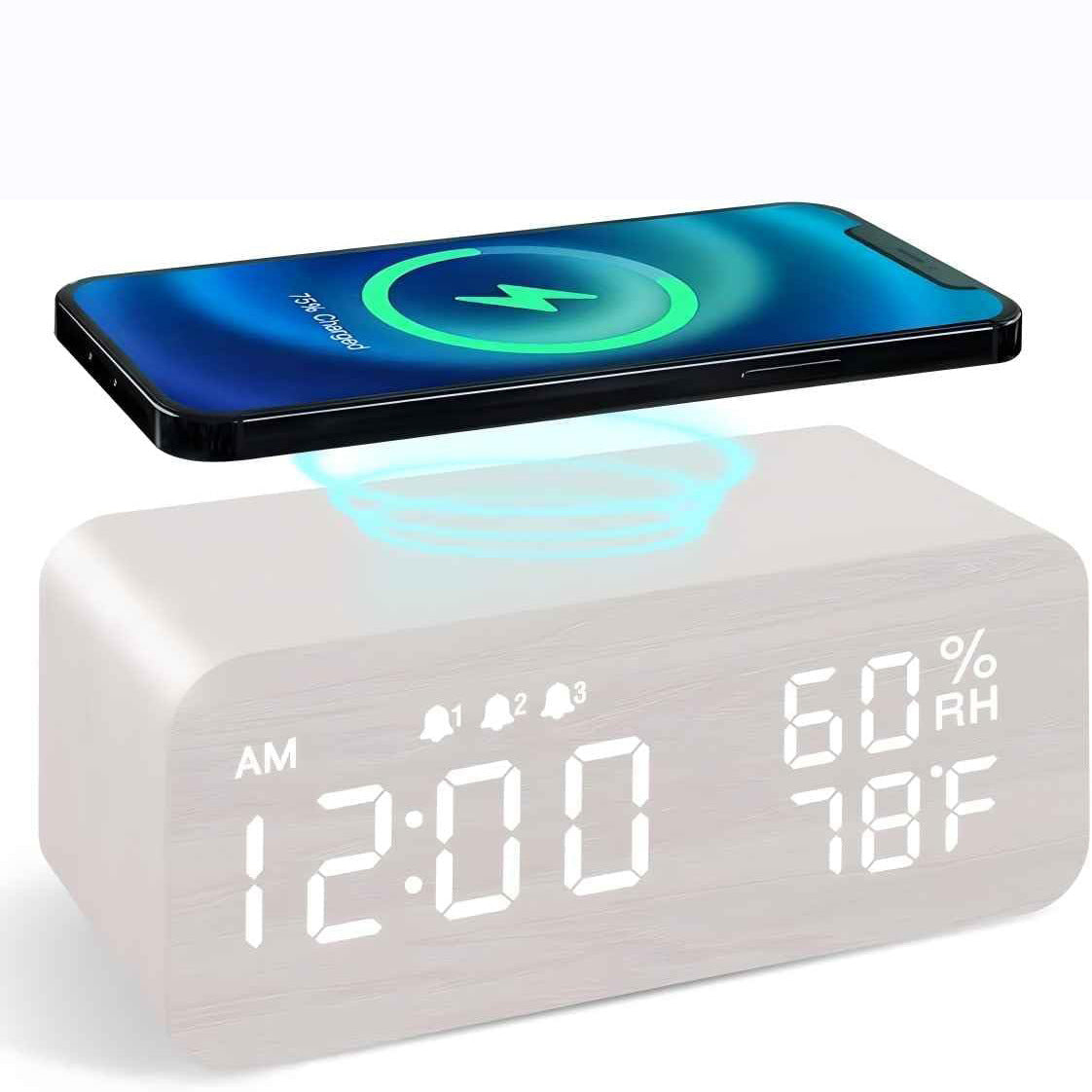 Wireless Charging Station Alarm Clock with Digital Display Temperature Humidity Wood Grain Design Qi Fast Wireless Charger for iPhone Android