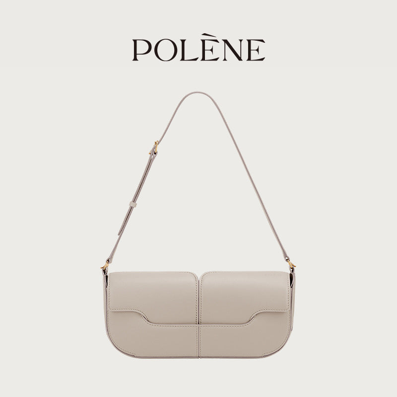 Polene Genuine Leather Black Leather Baguette Bag | Minimalist Shoulder Bag with Flap Closure