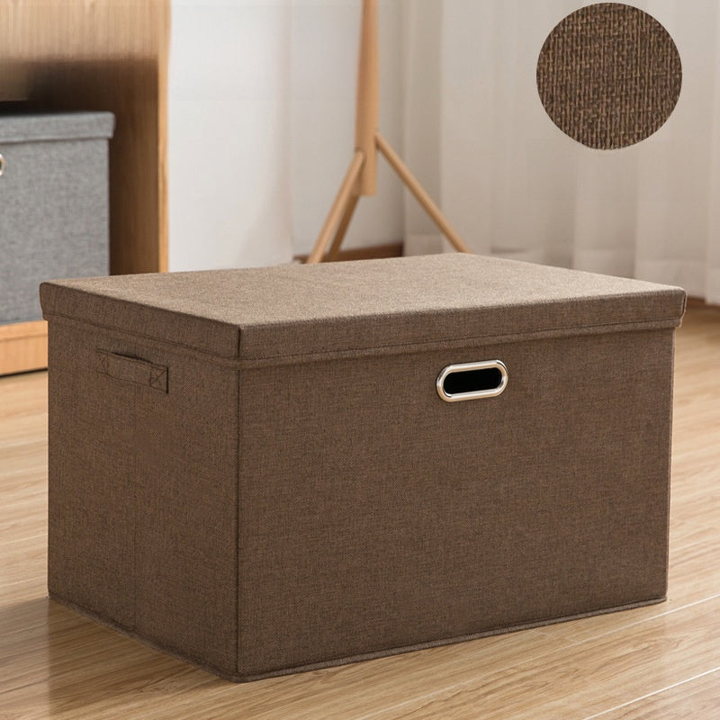Navy Blue Linen Storage Box with Lid, Large Foldable Fabric Organizer Bin, Home Closet Bedroom Organization Box with Handles, Collapsible Toy Clothes Storage