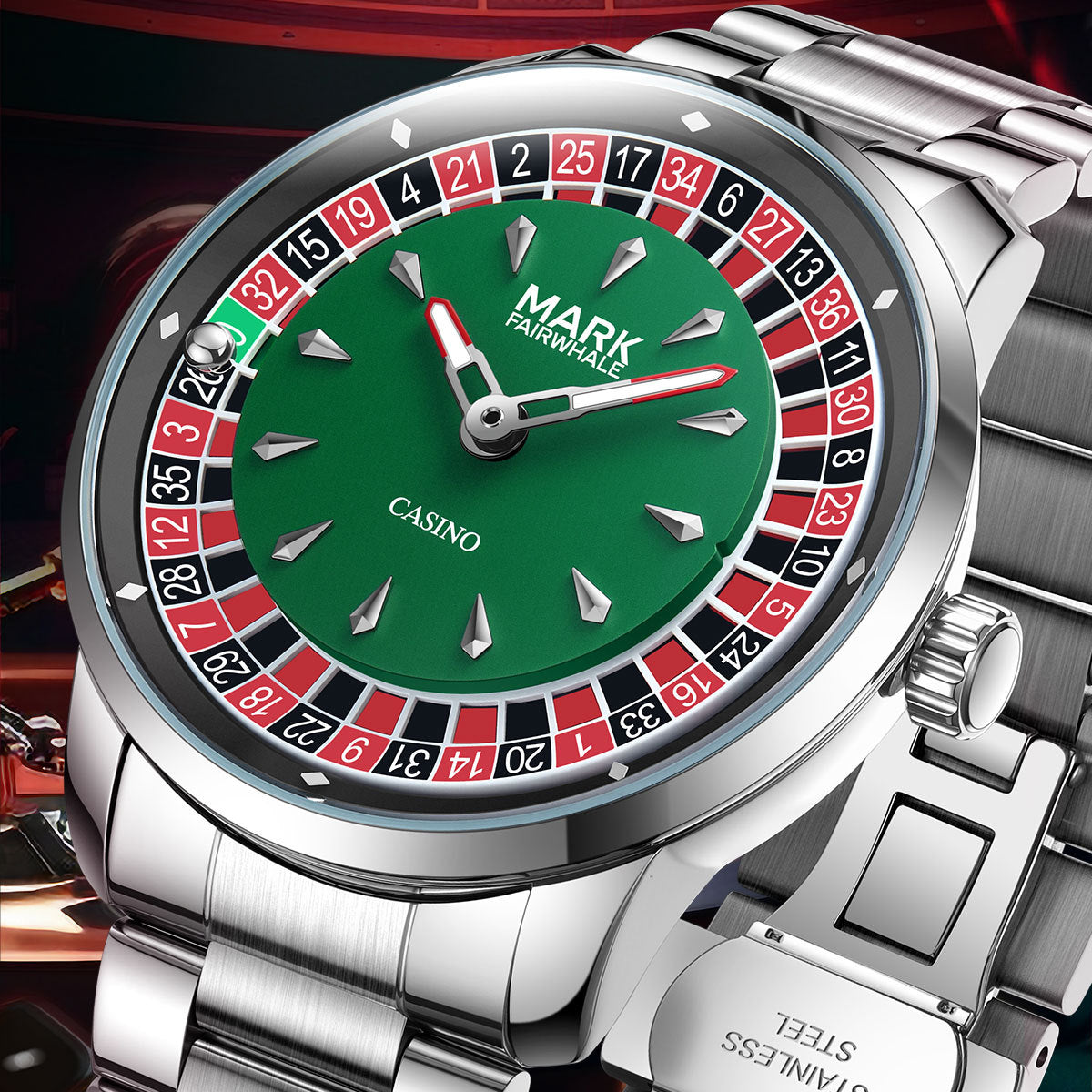 Promaster Fairwhale Men's Roulette Bezel Watch | Green Dial Stainless Steel Bracelet | Fire Extinguisher Gift Box Novelty Packaging