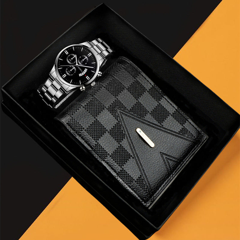 Geneva Men's 3-Piece Black Gift Set | Chronograph Watch + Cuban Link Bracelet + Cross Necklace Luxury Jewelry Box