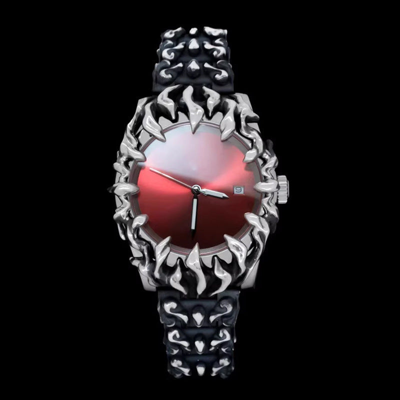 Men's Gothic Flame Watch | Red Dial Silver Flame Bezel Punk Vintage Quartz Date Stainless Steel Statement Watch