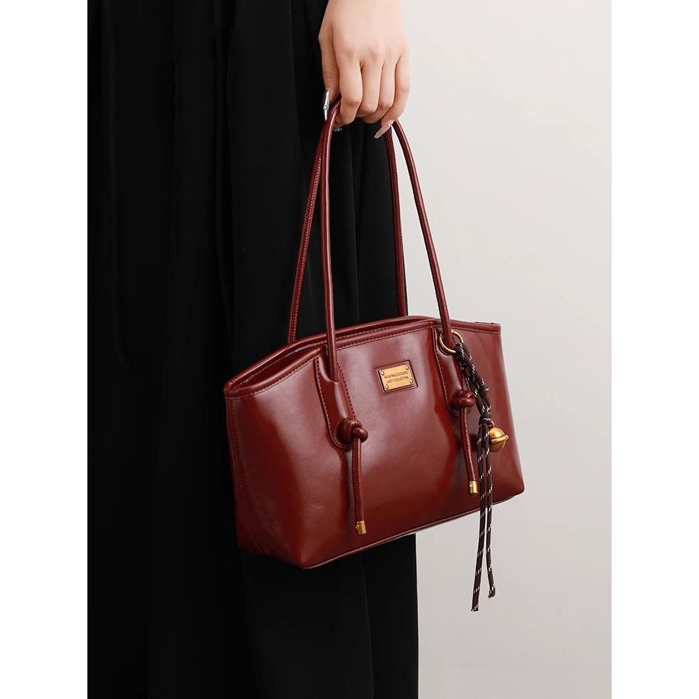 Burgundy Wine Leather Tote Bag with Gold Hardware | Structured Shoulder Handbag