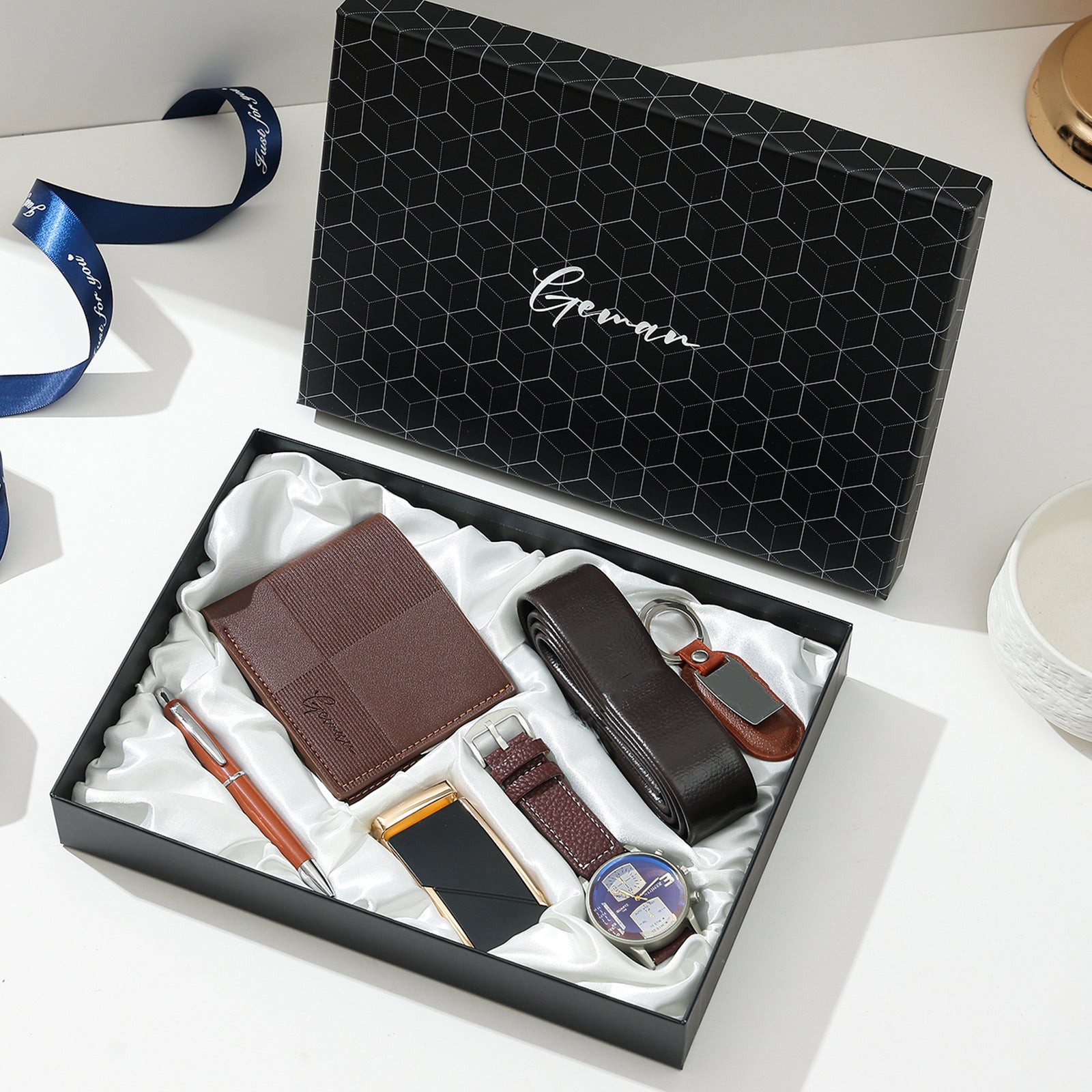 Geman Men's Luxury Gift Set – 6-Piece Black Leather Belt, Wallet, Watch, Bracelet, Keychain & Pen Box Set | Premium Men's Gift