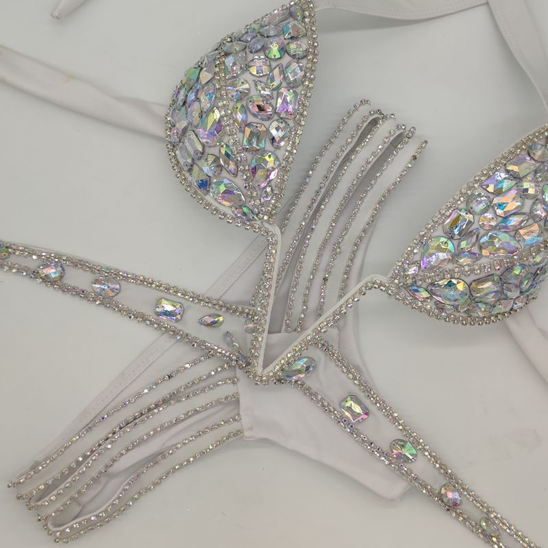 Crystal Rhinestone Bikini Set, AB Stone Competition Swimwear, Luxury Halter Bling Bikini, Women Figure Bodybuilding Suit, Royal Blue & Pink Pageant Swimsuit