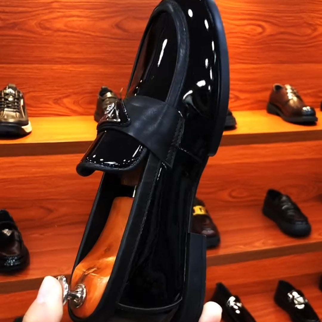 Men's Black Patent Leather Logo Loafers | Triangle Badge Strap Slip-On Chunky Sole Dress Shoes