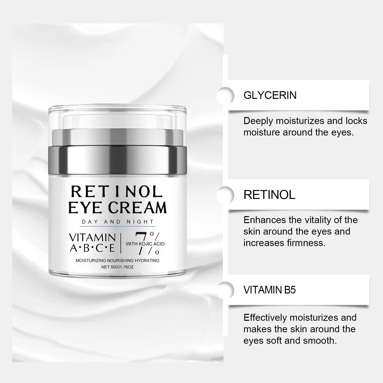 Retinol Eye Cream Day & Night | Vitamin A B C E + 7% Kojic Acid | Moisturizing Nourishing Hydrating Under Eye Cream | Dark Circles Wrinkles Fine Lines | 50g