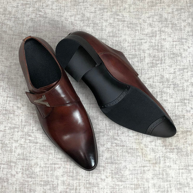 Men's Black Leather Single Monk Strap Dress Shoes | V-Logo Metal Buckle Formal Oxford