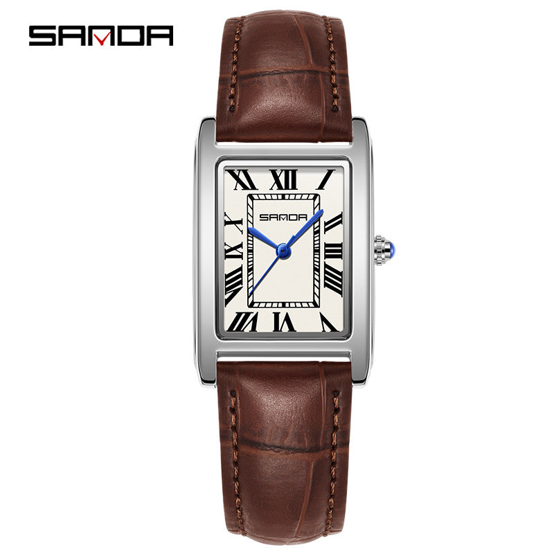SANDA Women's Rectangle Rose Gold Watch | White Roman Numeral Dial Blue Hands Black Leather Strap Classic Quartz Timepiece