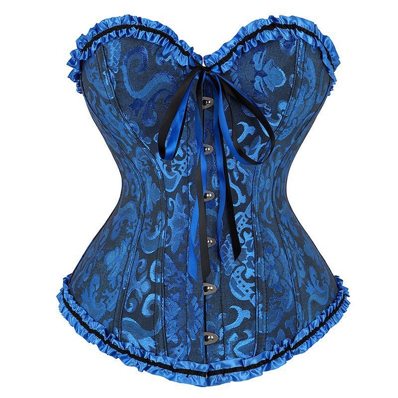 Red Brocade Overbust Corset | Black Ruffle Trim Bow Detail Boned Bustier Waist Cincher Women Halloween Burlesque Corset Top