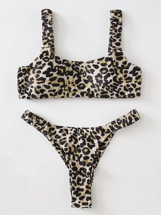 Colorful Leopard Print Bikini Set, Square Neck Crop Top & High Cut Bottom, Women Two Piece Swimwear, Multi Color Animal Print Swimsuit, Beach Vacation Bathing Suit